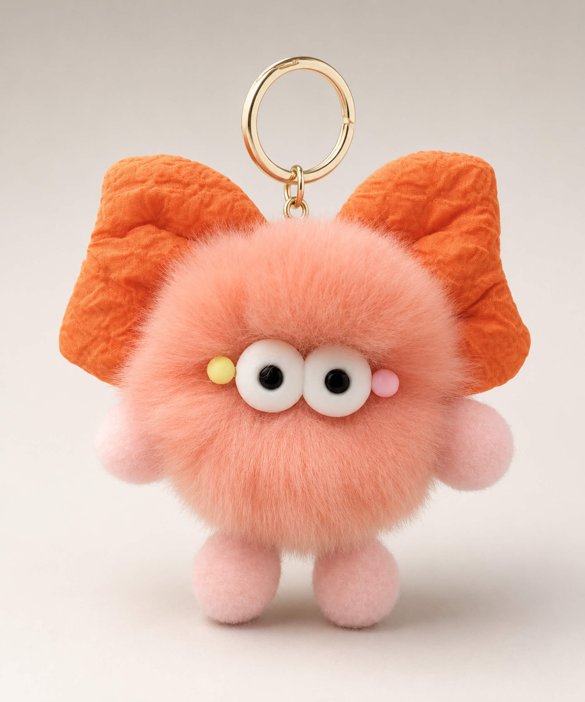 Peach fluffy bow plush keychain with cute wide-eye design and gold-tone key ring